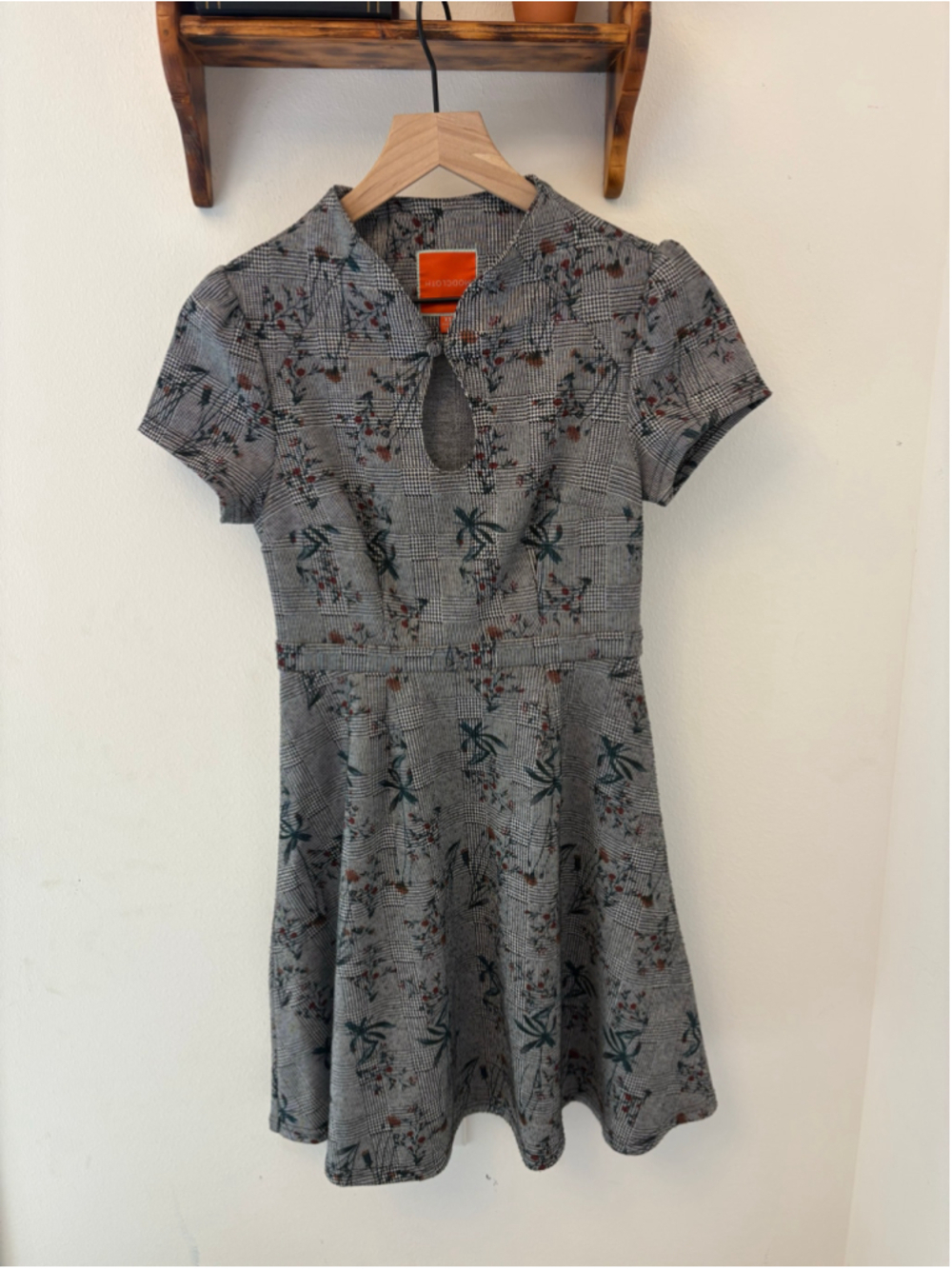 ModCloth High Society Houndstooth Floral Fit & Flare Skater Dress XS